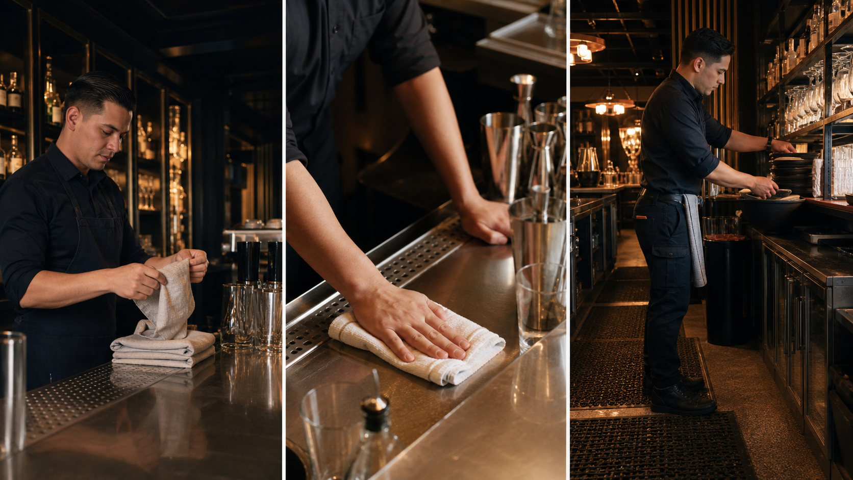 Bar team preparing clean service towels and linens