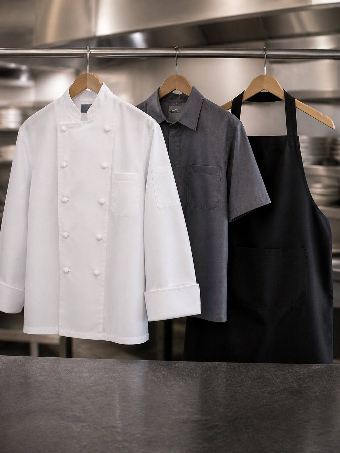 White chef coat, charcoal work shirt, and black bib apron on hangers