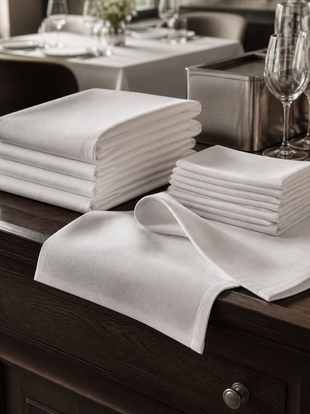Crisp white tablecloths and cloth napkins arranged at a restaurant service station