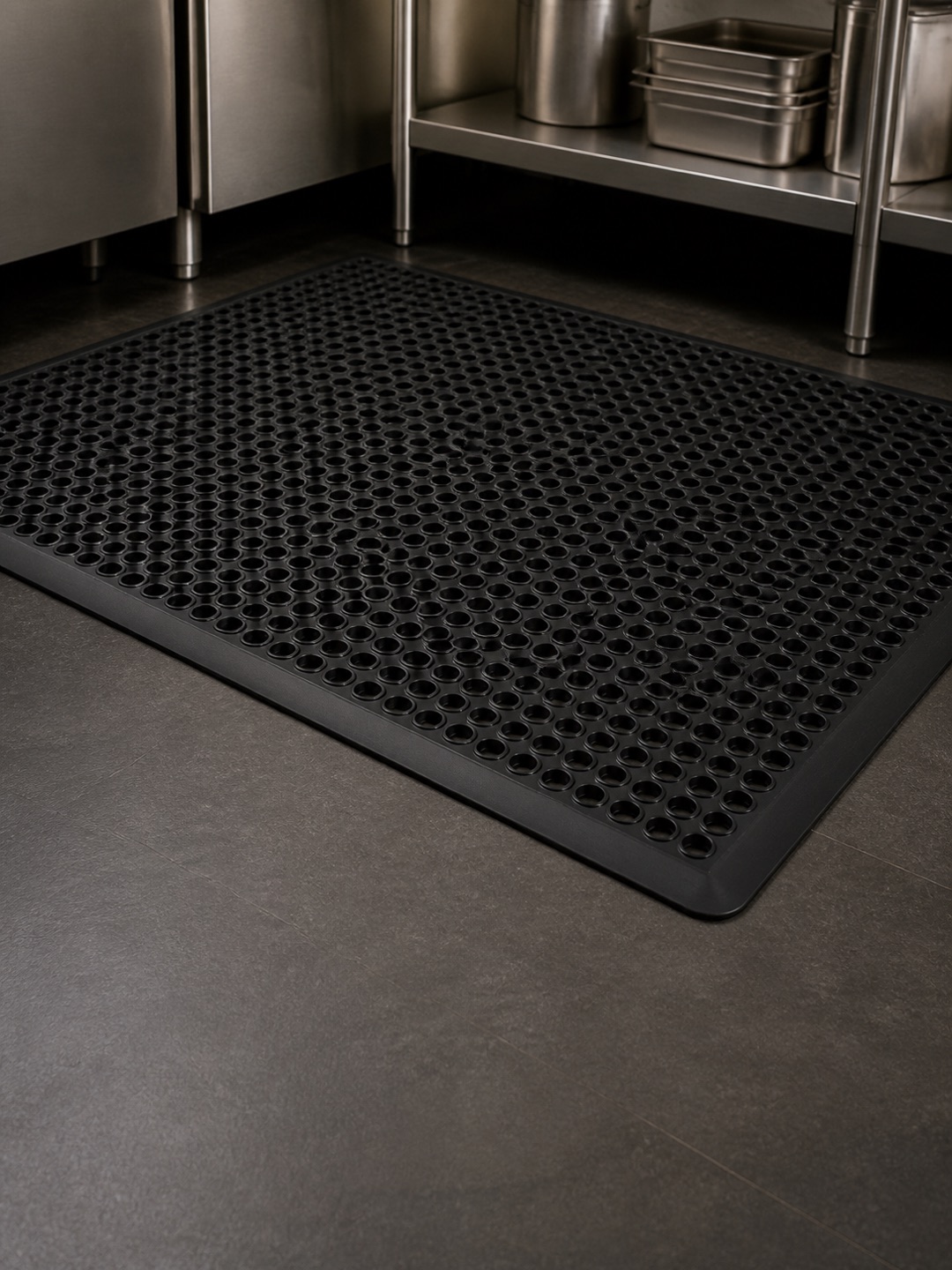 Black rubber drainage mat with beveled edges on a commercial kitchen floor