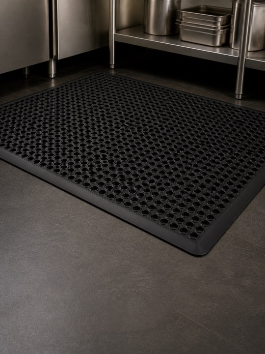 Commercial rubber mat in a kitchen work area