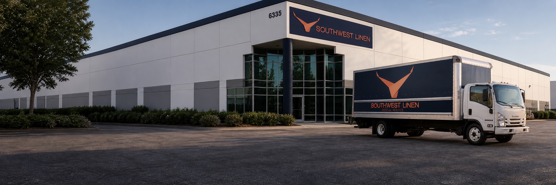 AI-generated composition of the Southwest Linen facility and delivery truck, based on DJI reference photos