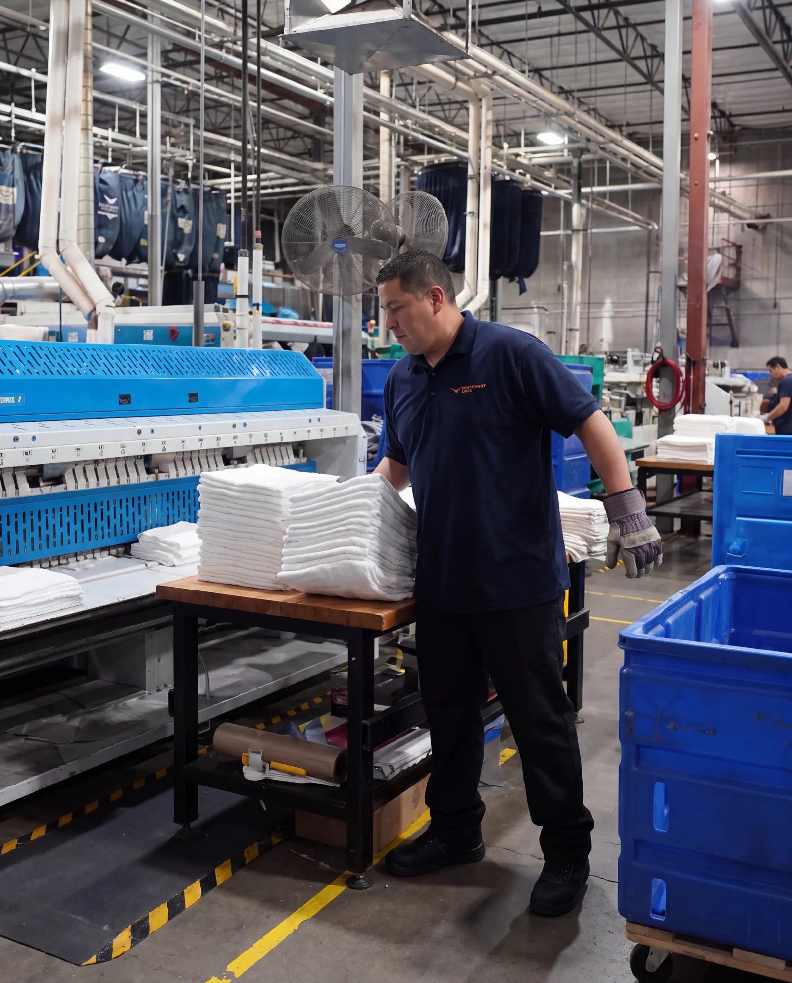 Southwest Linen team member handling freshly folded white linens beside commercial laundry equipment