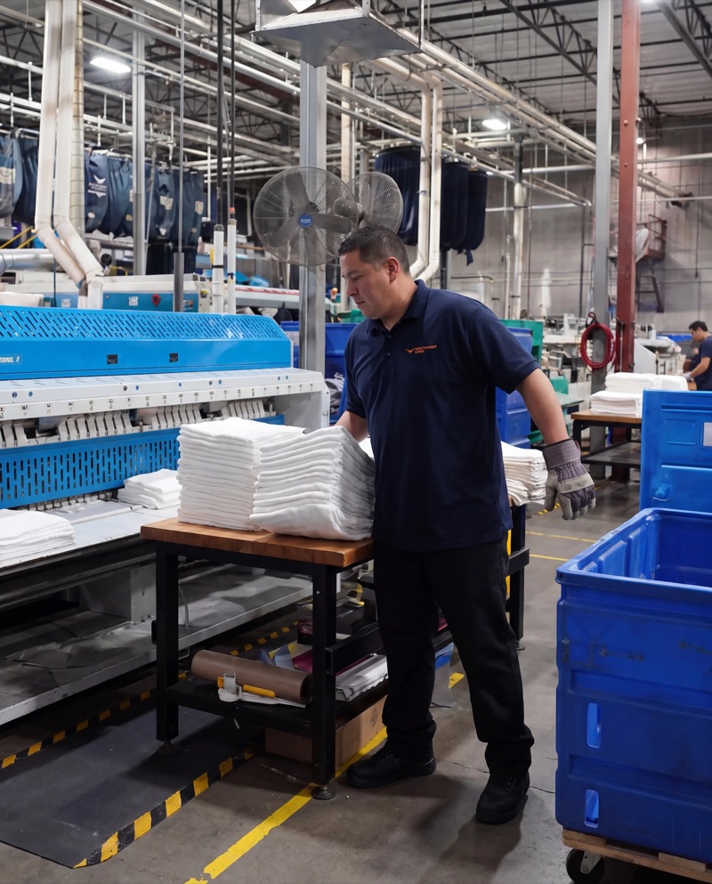 Southwest Linen team member handling stacks of clean towels in the laundry facility