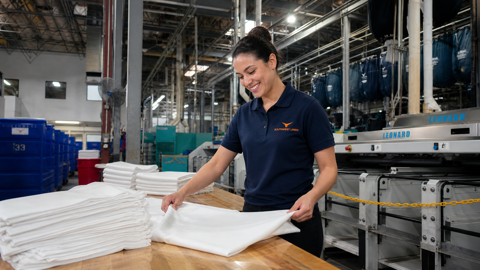Southwest Linen team member sorting and folding freshly laundered linen