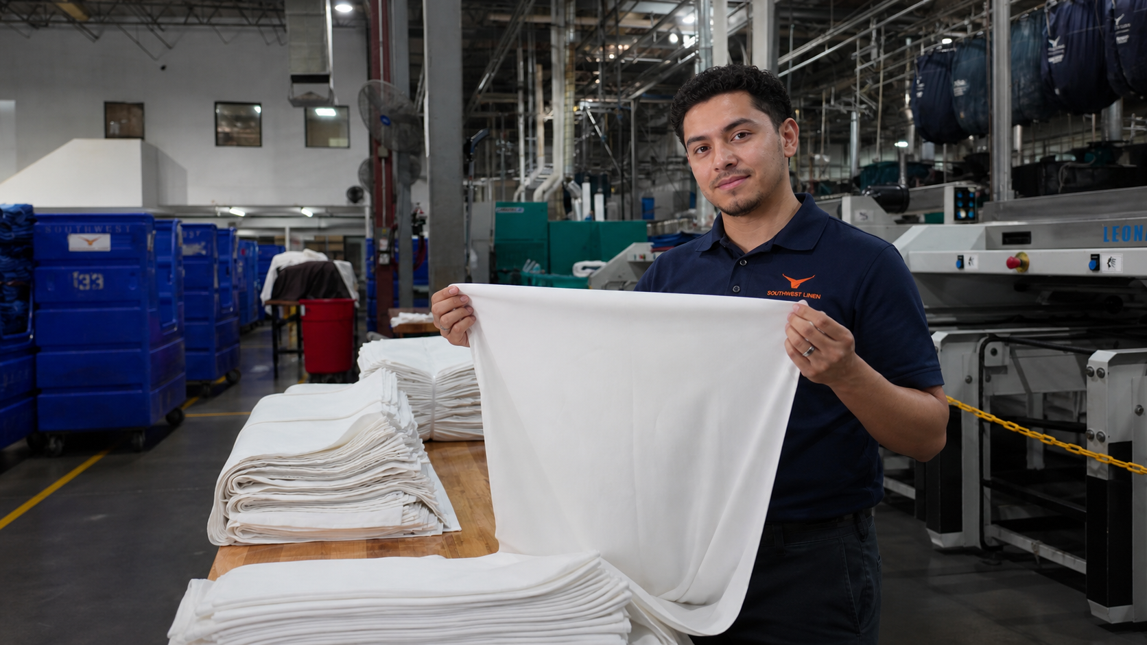 Southwest Linen team member checking finished linen